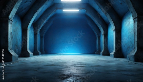 light at the end of tunnel, Empty underground background with blue lighting with space for text or product, Ai Generate