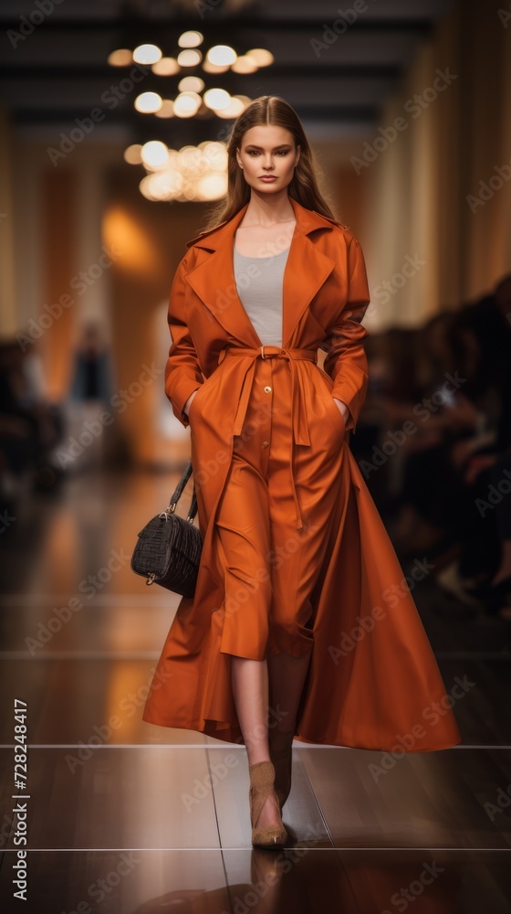 A beautiful attractive female model in an orange coat, confidently walking down the runway. An exhibition of a new collection of clothes, a fashion week, a fashion show of the concept.
