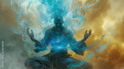 Genie, Aladdin and the lamp from a fairy tale