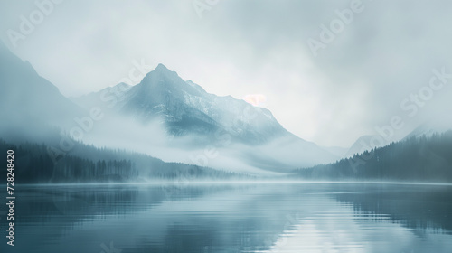 Unusual nature landscape in the fog, mountain, lake © Amir