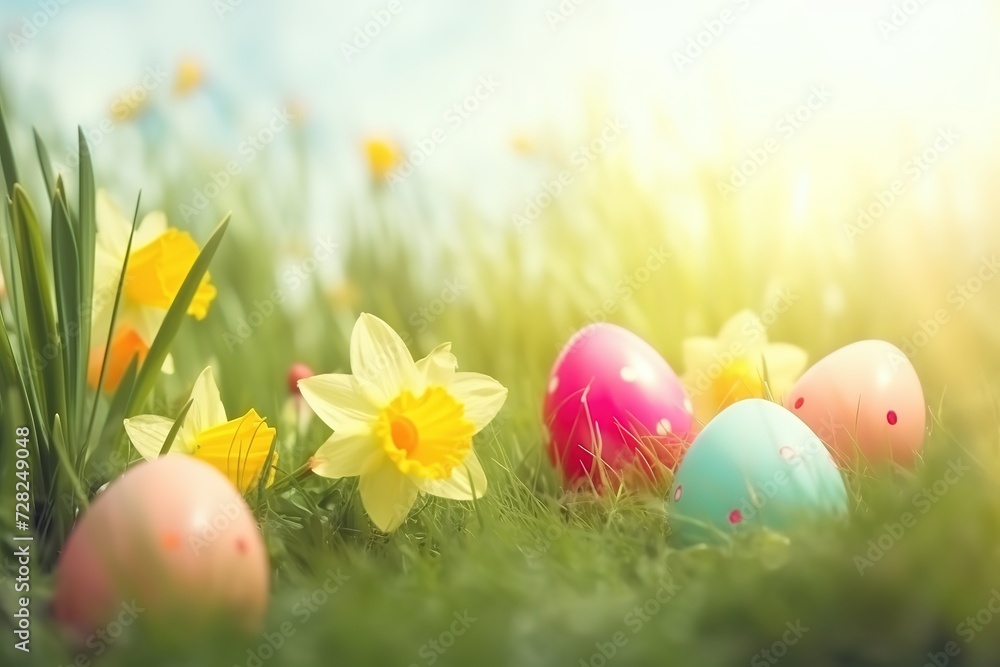 Happy Easter background, Easter eggs scene, Easter bunny ears with easter eggs, Easter poster background template with Easter eggs in the nest, Easter party concept. Happy Easter background, Easter eggs scene, Easter bunny ears with easter eggs, Easter poster background template with Easter eggs in the nest, Easter party concept.