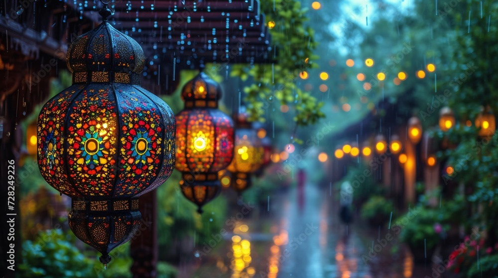 Rainy Night in the City Colorful Lights and Umbrellas Generative AI