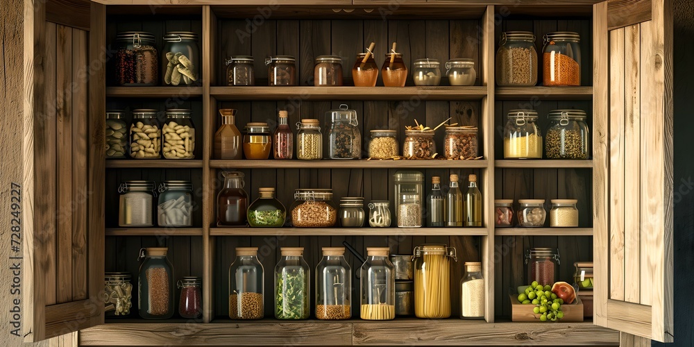 Vintage wooden pantry shelves stocked with preserved foods. rustic home interior with organization. kitchen storage solutions. AI