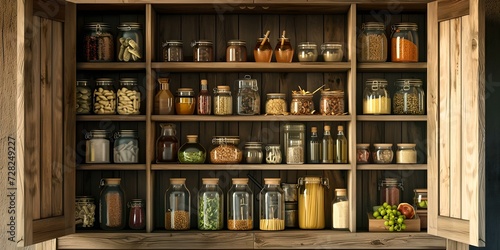 Vintage wooden pantry shelves stocked with preserved foods. rustic home interior with organization. kitchen storage solutions. AI