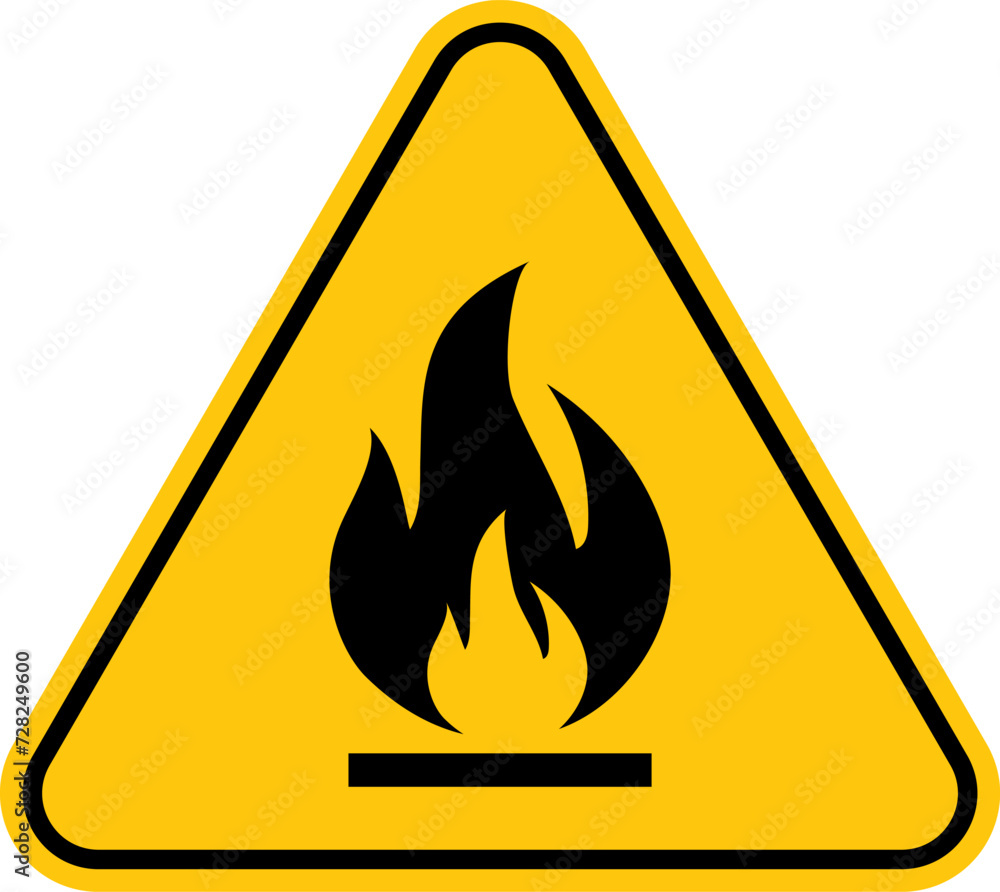 Fire warning sign in yellow triangle, isolated. Flammable, inflammable substances icon. Hazard icon. Vector Fire warning sign in yellow triangle, isolated. Flammable, inflammable substances icon. Hazard icon. Vector