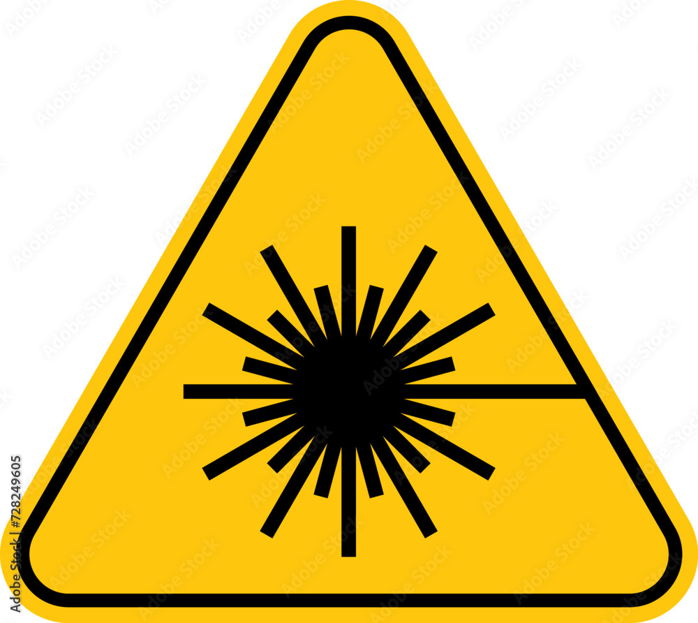 The Laser hazard icon. Laser symbol. Sign of Laser hazard vector image. Vector yellow triangle sign - Laser sign. Isolated on white background . The Laser hazard icon. Laser symbol. Sign of Laser hazard vector image. Vector yellow triangle sign - Laser sign. Isolated on white background .