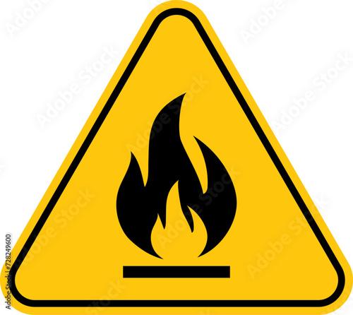 Fire warning sign in yellow triangle, isolated. Flammable, inflammable substances icon. Hazard icon. Vector photo