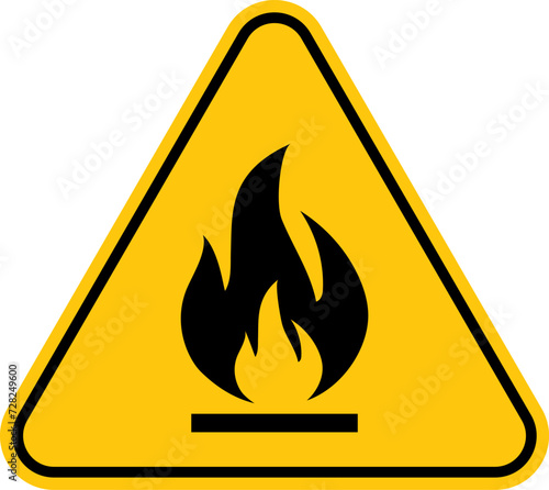 Fire warning sign in yellow triangle, isolated. Flammable, inflammable substances icon. Hazard icon. Vector