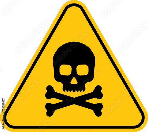 Sign Poison. Danger sign with skull. Toxic, electricity or chemical Warning icon. Danger Yellow triangle sign with skull and crossbones icon. Symbol of death.