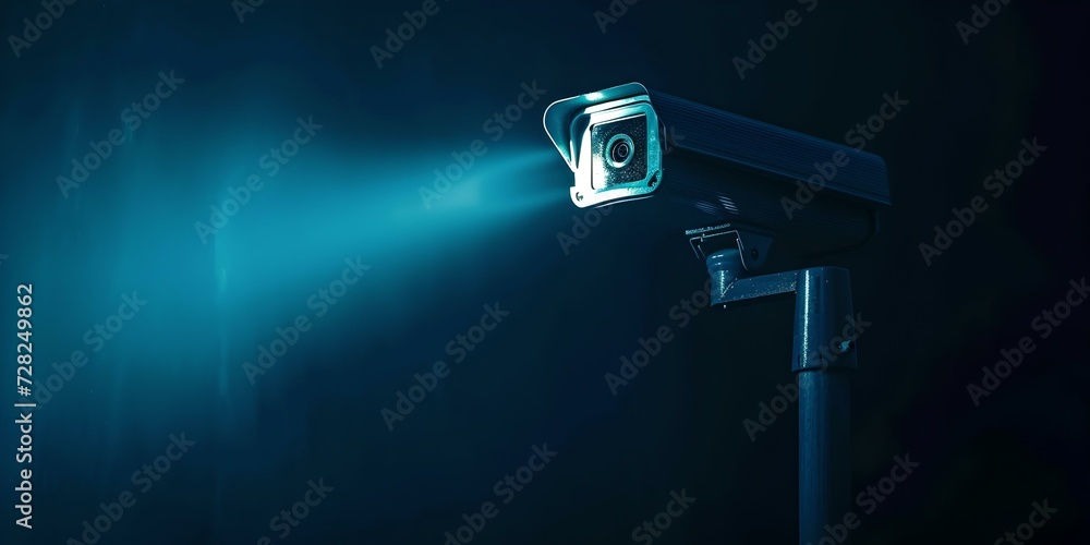 A modern security camera on a dark background, illuminating with its light. surveillance for safety and monitoring. technology theme. AI A modern security camera on a dark background, illuminating with its light. surveillance for safety and monitoring. technology theme. AI