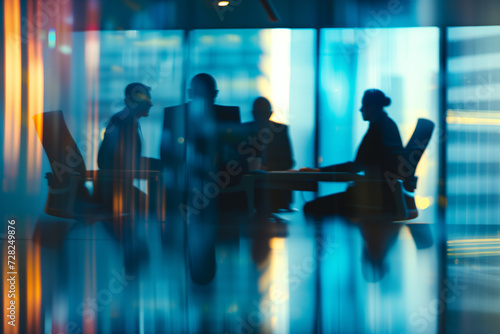 group of people silhouettes in conference room at meeting discussing business