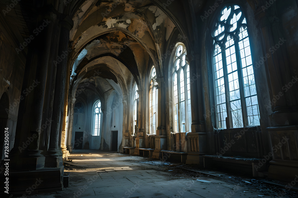 Dark gothic abandoned ancient chapel hall interior with tall windows and columns, foggy and empty. Neural network generated in January 2024. Not based on any actual scene or pattern.
