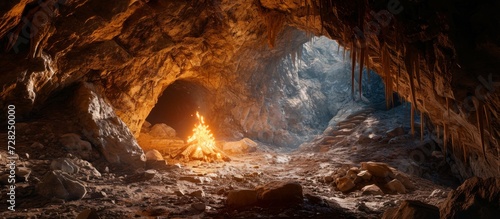 Enchanting Campfire Glows Inside the Mysterious Cave, Creating an Intimate Campfire Experience in the Heart of the Majestic Cave