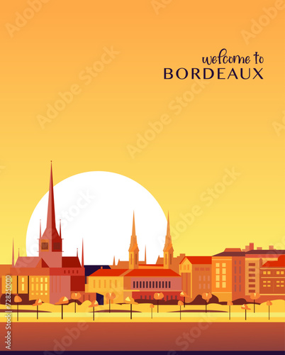 Bordeaux retro city poster with abstract shapes of skyline, buildings at sunset, sunrise. Vintage France, Gironde town travel vector illustration 