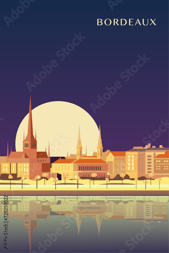 Bordeaux retro city poster with abstract shapes of skyline, buildings at night. Vintage France, Gironde town travel vector illustration 