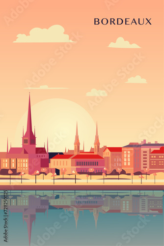 Bordeaux retro city poster with abstract shapes of skyline, buildings at sunset, sunrise. Vintage France, Gironde town travel vector illustration 