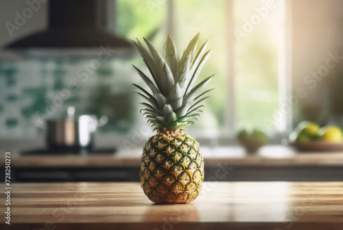 Tropical whole pineapple on wooden kitchen counter with modern domestic kitchen background.