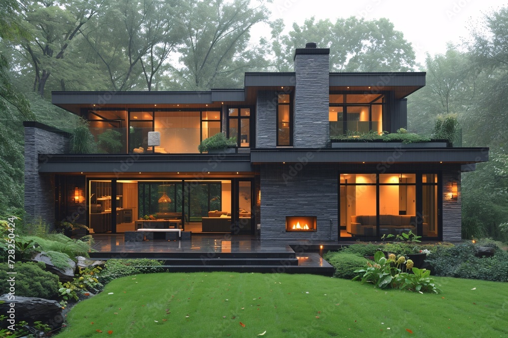 Modern Home with a Fireplace and Green Grass Generative AI Modern Home with a Fireplace and Green Grass Generative AI