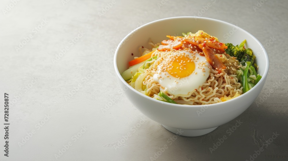 Top view ramen. Traditional Korean ramen soup with egg yolk, chilli, and kimchi. Korean cuisine. Asian food. Traditional Korean cuisine set Copy space for text logo or brand