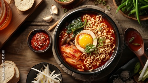 Top view ramen. Traditional Korean ramen soup with egg yolk, chilli, and kimchi. Korean cuisine. Asian food. Traditional Korean cuisine set Copy space for text logo or brand