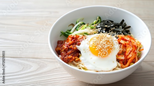 Top view ramen. Traditional Korean ramen soup with egg yolk, chilli, and kimchi. Korean cuisine. Asian food. Traditional Korean cuisine set Copy space for text logo or brand