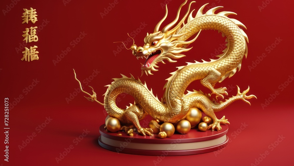Obraz premium 3D Chinese dragon podium for Lunar New Year 2024 celebrations.