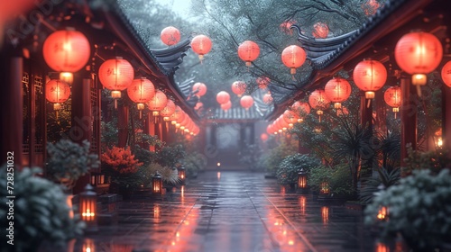 Chinese New Year Celebration Illuminated Pathway with Red Lanterns and Pink Orbs Generative AI