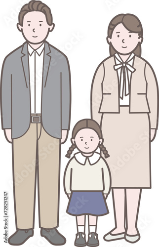 高校生の女の子の家族の全身イラスト 