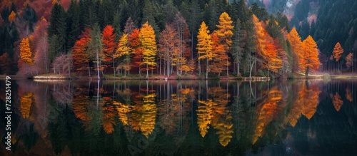 Outumn Colors: Enchanting Forrest Trees Reflecting on the Serene Lake in the Outumn Forrest