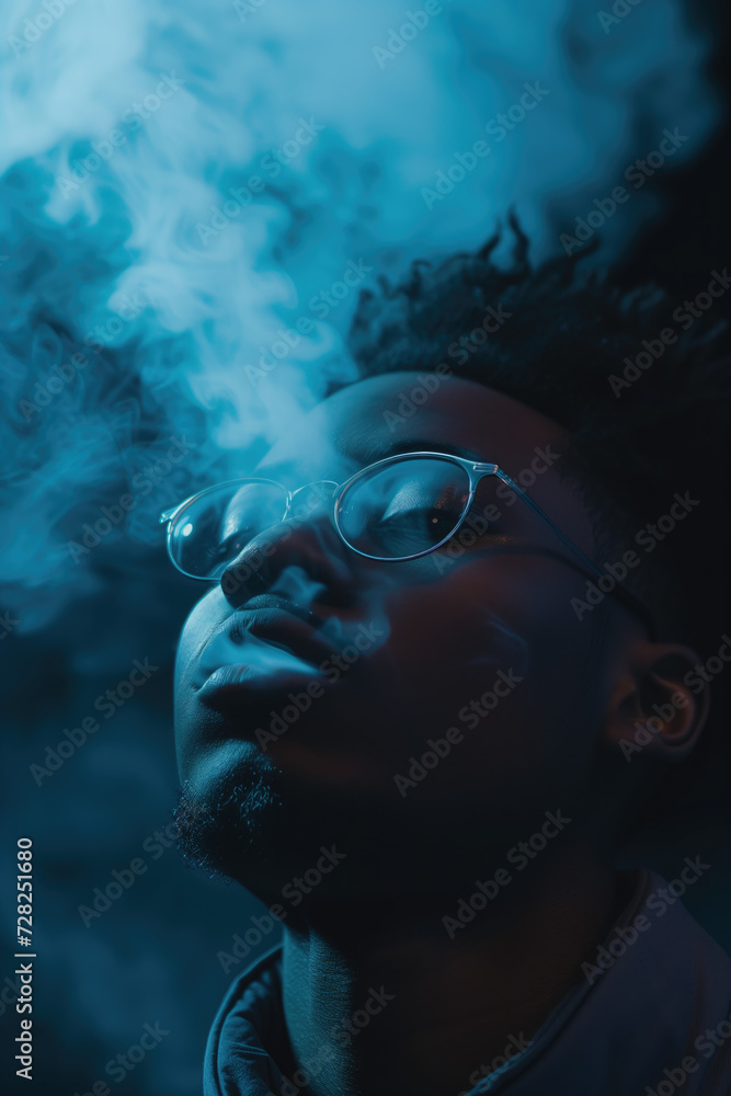 Young man inhaling e-cigarette