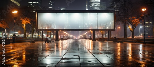 Blank illuminated billboard with copy space for mockup, advertising banner, public information board in night city