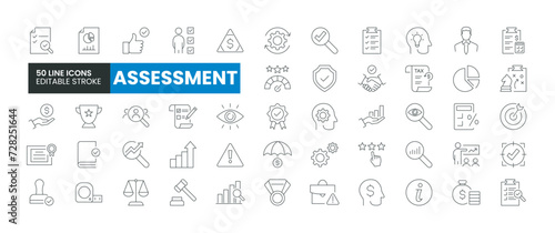 Set of 50 Assessment line icons set. Assessment outline icons with editable stroke collection. Includes Financial Risk, Audit, Inspection, Growth, Success, and More.