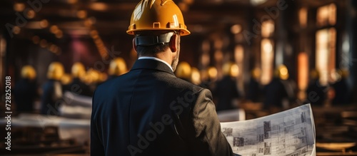 Architect holding hard hat and blueprints on location building construction background