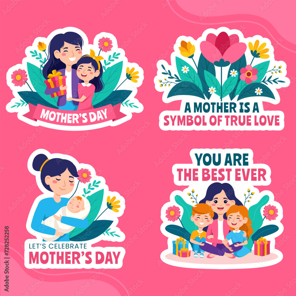 Mother Day Label Flat Cartoon Hand Drawn Templates Background Illustration