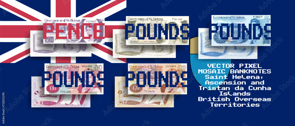 Vector set of pixel mosaic banknotes of Saint Helena. Collection of notes in denominations of 1, 5, 10, 20 pounds and 50 pence. Obverse and reverse. Play money or flyers.