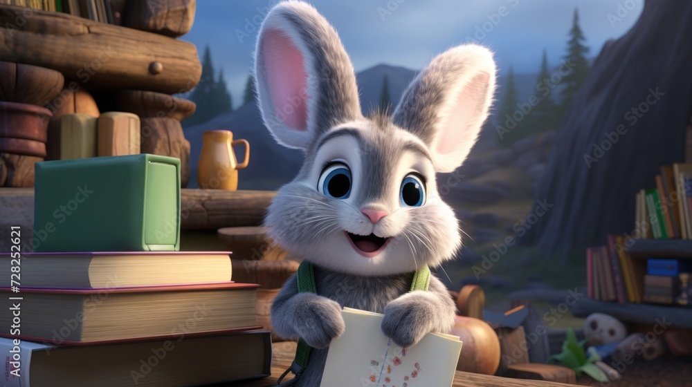 Animated Bunny with Books at Dusk