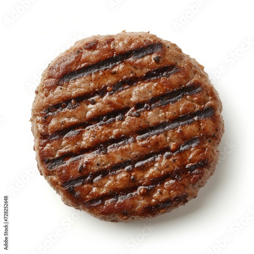 Top view of a grilled beef burger patty on white background