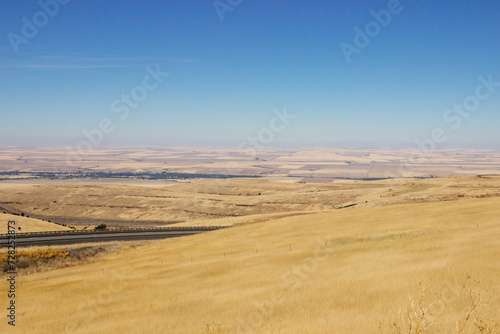 Beautiful summer landscape with a bird's eye view of the hills and mountains in Oregon, USA, on a sunny day.