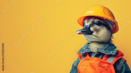 Duck in Construction Industry and Work Wear Concept on Yellow Background photo
