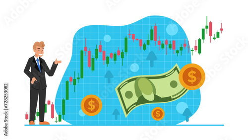 A blond hair man dressed in a suit standing in front of a uptrend graph of candle bars and a floating dollar bill and a gold coin