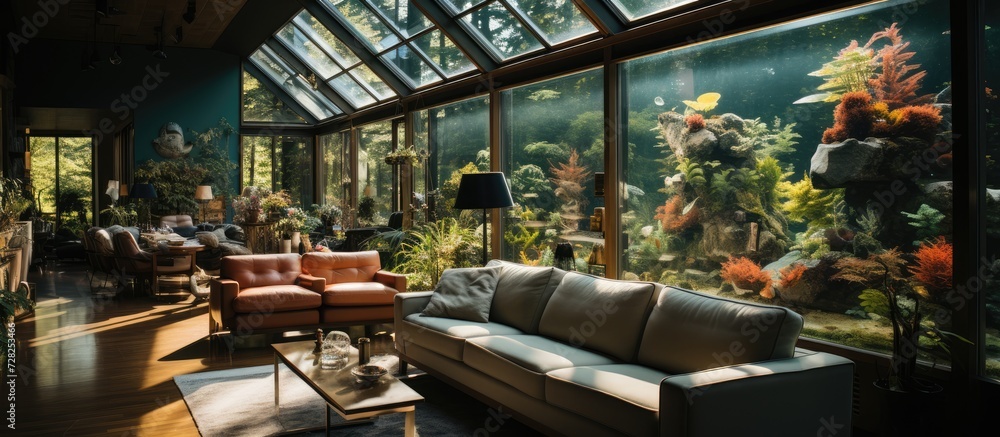 portrait of a house interior with a large fish tank aquarium in the foreground