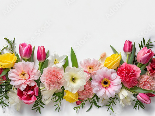 Design concept of Mother's day holiday greeting with carnation lily rose gerbera bouquet on white background with copyspace