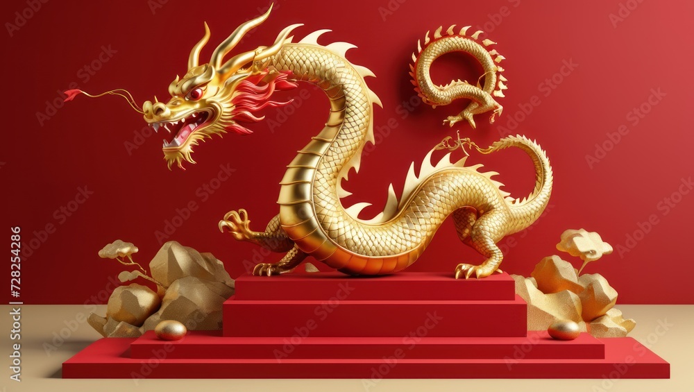 3D Chinese dragon podium for Lunar New Year 2024 celebrations. 3D Chinese dragon podium for Lunar New Year 2024 celebrations.