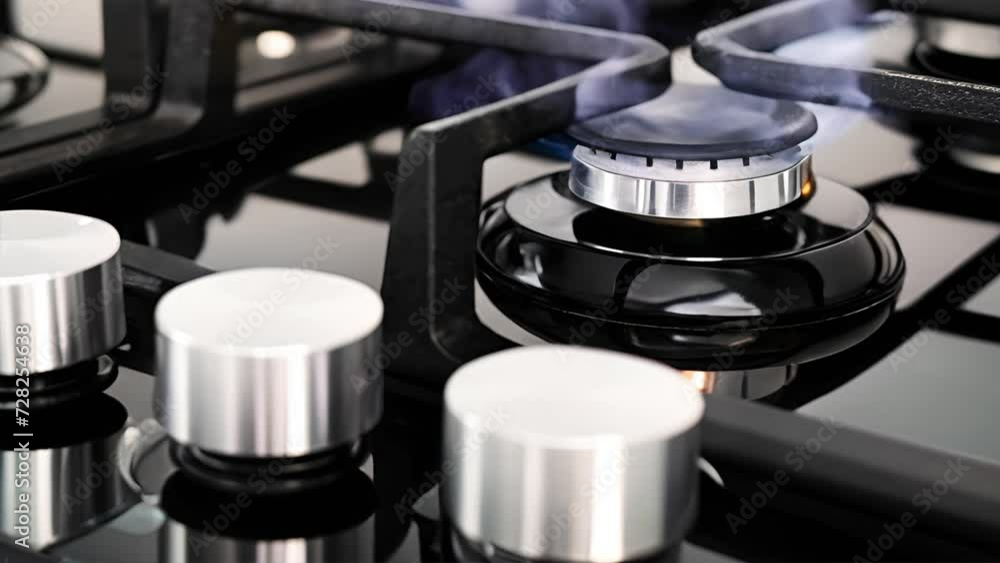 A Detailed Close-Up of a Gas Stove Burner Igniting, showcasing the blue flame and the stainless steel control knobs of the appliance A Detailed Close-Up of a Gas Stove Burner Igniting, showcasing the blue flame and the stainless steel control knobs of the appliance