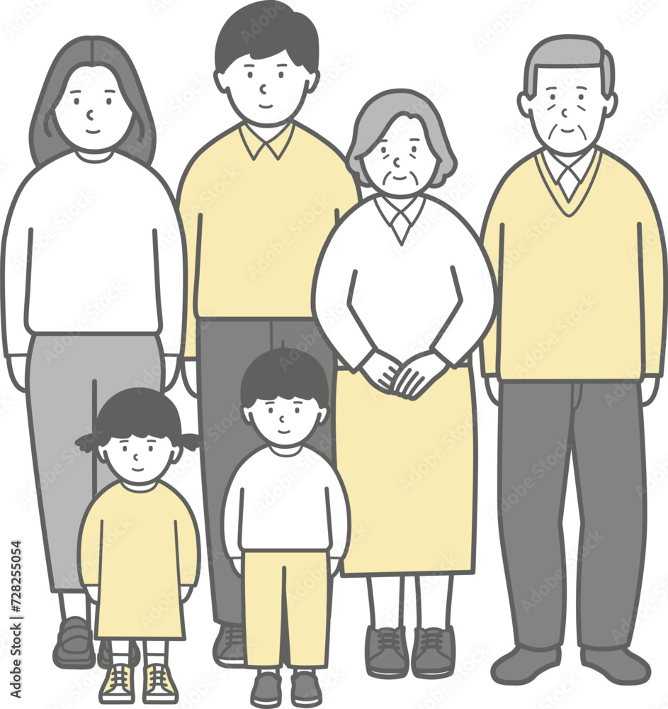 子供を持つ夫婦と年配夫婦の三世代全身イラスト 子供を持つ夫婦と年配夫婦の三世代全身イラスト