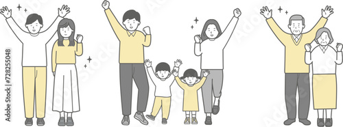 喜ぶ、若い夫婦、若いカップルと子供を持つ夫婦と年配夫婦の全身イラスト