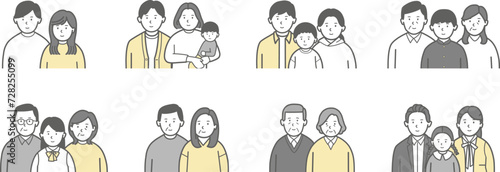 色々な世代の家族の上半身のイラストセット