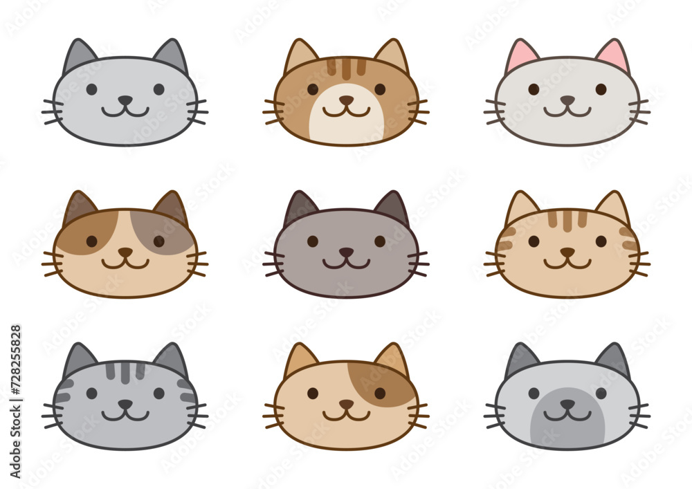 Illustration set of various cute cat faces 色々なかわいい猫の顔のイラストセット