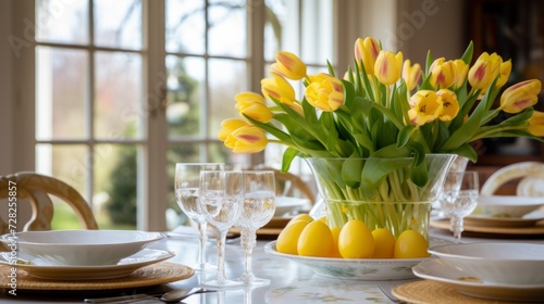 Beautiful table setting with spring flowers for Easter celebration.