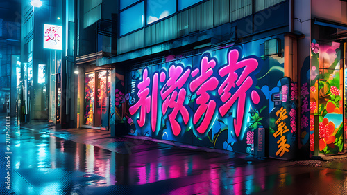 Japanese Graffiti on street wall  neon light street art by night Generative Ai